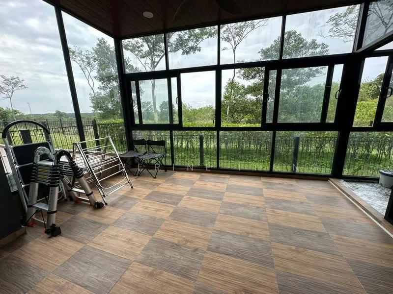 Room features: large glass windows, wooden flooring, grey tiled flooring, metal folding chairs, metal drying rack, greenery view, screened enclosure, natural light; style: modern; view: garden.