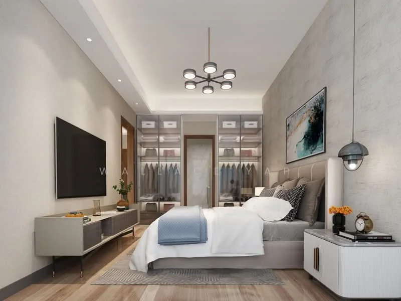 Bedroom features: king-size bed with upholstered headboard, white bedding with decorative pillows, 2 bedside tables, table lamps on each bedside table, wall-mounted TV, built-in wardrobe with sliding doors, open shelving in wardrobe, light grey accent wall, wooden flooring, chandelier with multiple bulbs, framed artwork on wall, decorative vase with flowers; style: modern.