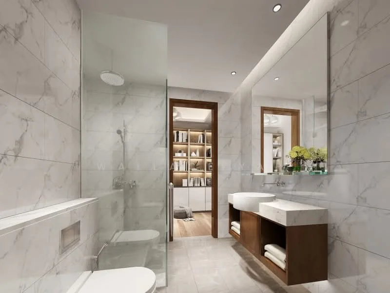 Bathroom features: marble tile walls, white porcelain floor tiles, double-sink vanity with wood cabinet, chrome basin mixer faucets, framed mirrors above sinks, walk-in shower with glass enclosure, rain shower head, toilet, built-in shelving unit, decorative plants, recessed LED downlights, wall-mounted towel storage; style: modern.