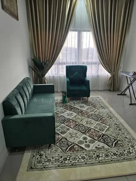 Living features: green velvet 3-seater sofa, green upholstered armchair, area rug with intricate pattern, cream painted walls, floor-to-ceiling windows, sheer curtains, drapes, tile flooring, decorative houseplant, side table; style: modern.