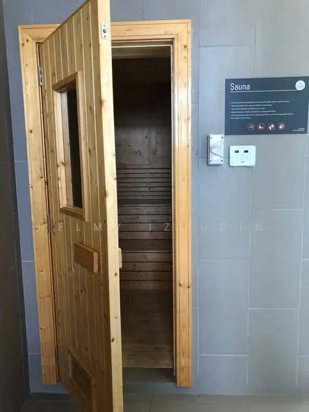 Room features: wooden sauna door, wood paneling inside sauna, grey tiled walls, light switch on wall, information sign about sauna; style: modern.