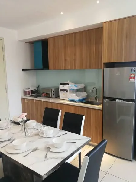 Kitchen features: wood cabinetry, white countertop, stainless-steel fridge, built-in microwave, toaster, ceramic cooktop, glass backsplash, kitchen sink, dining table with 6 chairs, table setting with plates and cutlery, recessed lighting; style: modern.
