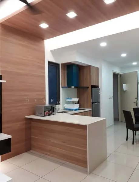 Kitchen features: white countertop, wood cabinetry, stainless-steel fridge, built-in microwave, ceramic tile flooring, recessed LED downlights, blue upper cabinets, open shelving, kitchen island with seating, wall-mounted kitchen appliances; style: modern.
