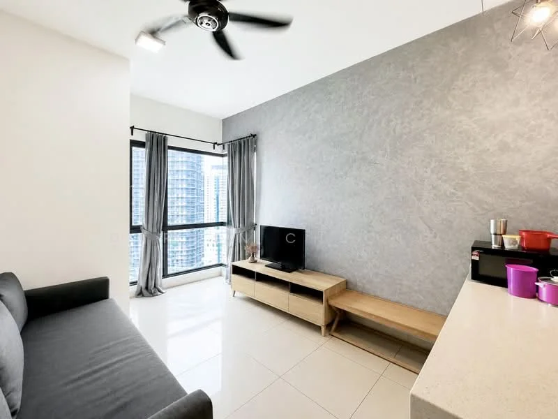 Living features: grey accent wall, white painted walls, ceramic tile flooring, 3-seater fabric sofa in grey, TV console, wall-mounted TV, coffee table, ceiling fan, floor-to-ceiling windows, sheer curtains, view of city skyline; style: modern; view: city.