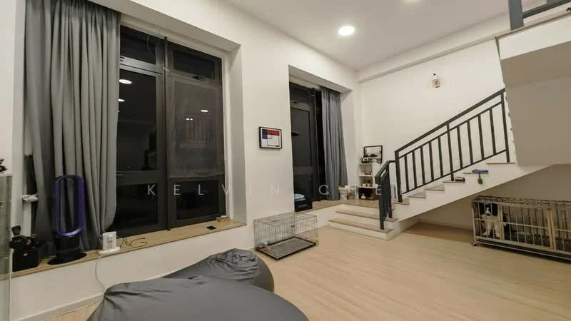 Living features: large floor-to-ceiling windows, grey curtains, light wood flooring, staircase with black railing, bean bag chairs, wall-mounted decor, pet crate, open space layout, neutral wall color, recessed ceiling lights; style: modern.