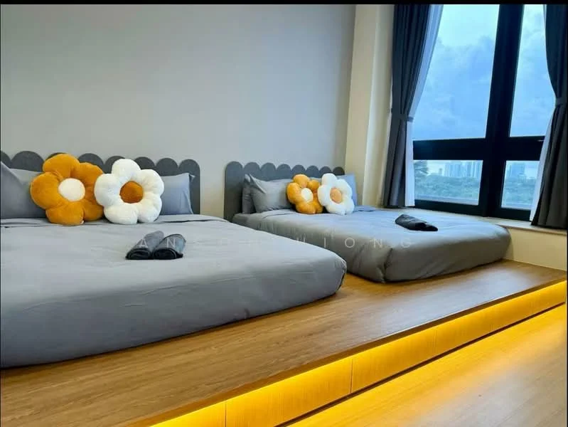 Bedroom features: two queen-size beds, grey bedding, decorative pillows with flower design, wooden platform base, laminate flooring, floor-to-ceiling windows, curtains, LED strip lighting under platform, neutral wall colour; style: modern; view: city.