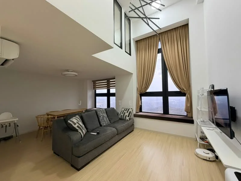 Living features: grey fabric 3-seater sofa, wooden coffee table, wall-mounted TV, TV console, floor-to-ceiling windows, sheer curtains, wooden window sill, light wood flooring, recessed ceiling lights, ceiling fan with light, decorative wall art; style: modern; view: city.