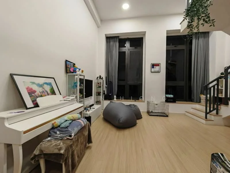 Living features: white painted walls, wooden flooring, large floor-to-ceiling windows, grey bean bags, white piano, decorative artwork, curtains, staircase leading to upper level, shelving unit, air conditioning unit; style: modern.