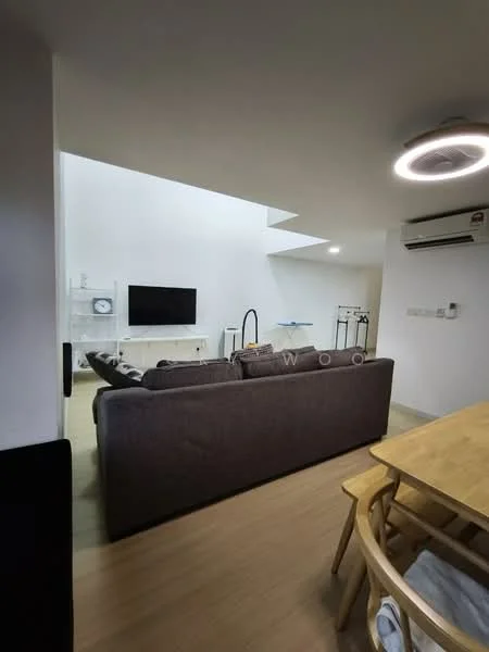 Living features: 3-seater fabric sofa in grey, wall-mounted TV, white media console, light wood flooring, recessed ceiling lights, air conditioning unit, floor-to-ceiling windows, decorative wall clock; style: modern. Dining features: wooden dining table, 4 wooden dining chairs; style: modern.