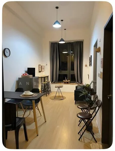 Living features: light wood flooring, white painted walls, large window with grey curtains, 3 pendant lights, black sofa, round coffee table, 2 wooden bar stools, dining table with 4 chairs, wall clock, decorative plant; style: modern.
