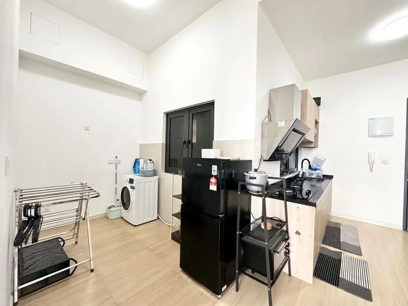 Kitchen features: black refrigerator, white washing machine, black countertop, stainless-steel sink, chrome pull-down faucet, built-in stove, wood cabinetry, open shelving, vinyl plank flooring, white painted walls, window with black frame, kitchen island, area rug; style: modern.