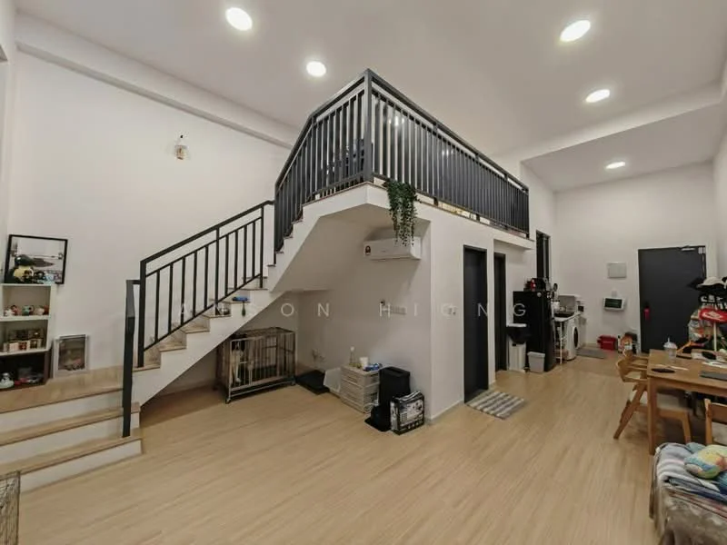 Room features: wooden flooring, white painted walls, black railing on staircase, recessed ceiling lights, wall-mounted air conditioning unit, open space layout, staircase leading to upper level, dining table with chairs, storage cabinets, pet enclosure, decorative plants; style: modern.