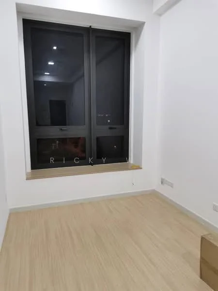Room features: large window with black frame, wooden window sill, light-colored wooden flooring, white painted walls, recessed downlights in ceiling; style: modern.