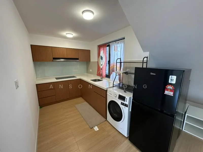 Kitchen features: brown wooden cabinetry, white quartz countertop, single-bowl stainless-steel sink, chrome pull-down faucet, built-in oven, freestanding washing machine, black refrigerator, window with sheer curtains, light-colored tile flooring, recessed ceiling lights; style: modern.
