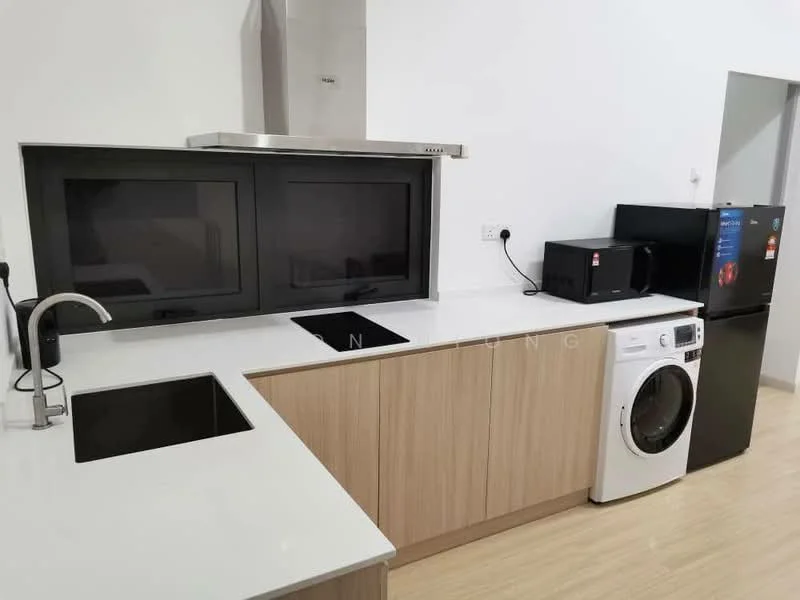 Kitchen features: single-bowl stainless-steel sink, chrome pull-down faucet, white quartz countertop, wood cabinetry, built-in oven, microwave, stainless-steel fridge, front-load washing machine, recessed downlights, tile backsplash, light wood flooring; style: modern.