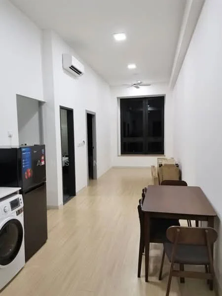 Room features: white painted walls, light wood flooring, recessed LED downlights, 1 wall-mounted split AC, 5-blade ceiling fan, floor-to-ceiling window, dining table with 4 chairs, black fridge, front-load washing machine; style: modern.
