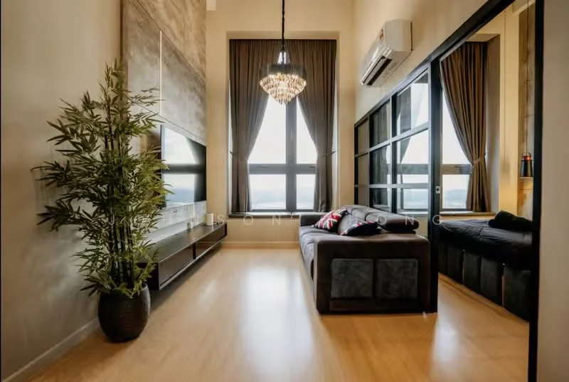 Living features: sofa in dark grey fabric, chandelier with multiple lights, wooden flooring, floor-to-ceiling windows, sheer curtains, blackout curtains, wall-mounted TV, TV console with storage, decorative plant in pot, accent wall with wood paneling, air conditioning unit, decorative cushions; style: modern; view: city.