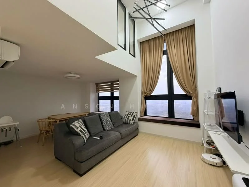 Living features: grey fabric sofa, 2-seater sofa, wooden dining chair, floor-to-ceiling windows, sheer curtains, wooden window sill, light wood flooring, recessed ceiling lights, wall-mounted TV, TV console, decorative ceiling light; style: modern; view: city.