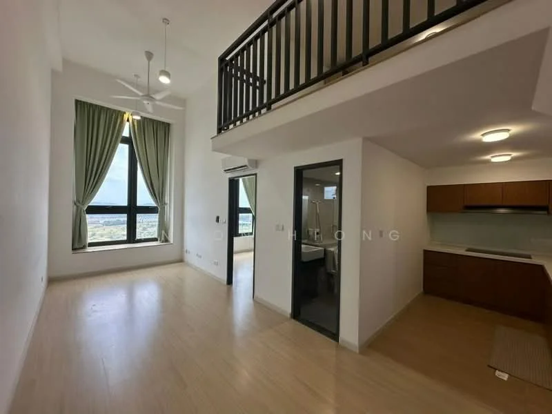 Living features: light wood flooring, white painted walls, floor-to-ceiling windows, green curtains, ceiling fan with light, open layout, balcony access, recessed ceiling lights; style: modern; view: city. Kitchen features: brown wooden cabinetry, grey countertop, built-in sink, stainless-steel appliances, open layout to living area; style: modern.