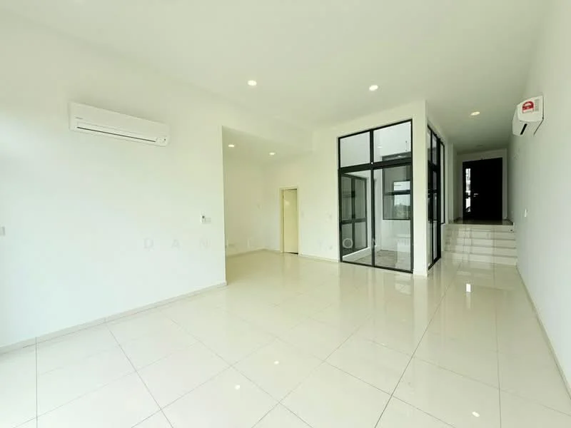 Room features: white painted walls, glossy tile flooring, recessed downlights, 1 wall-mounted split AC, large glass windows, open layout, neutral color scheme, doorway leading to another room, staircase visible in the background; style: modern.