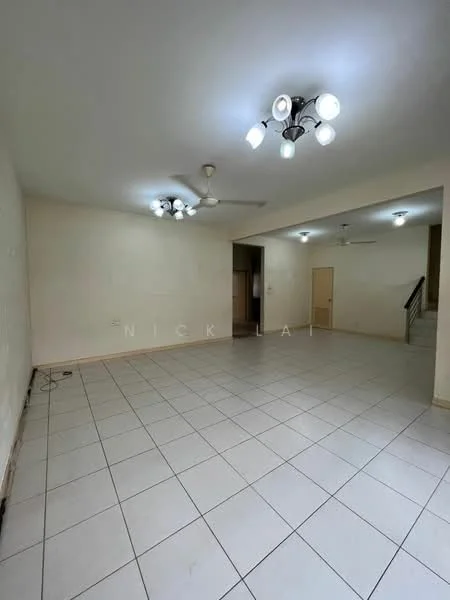 Living features: white painted walls, ceramic tile flooring, 5-blade ceiling fan, 3-blade ceiling fan, recessed downlights, multiple light fixtures, open layout, staircase visible in background.