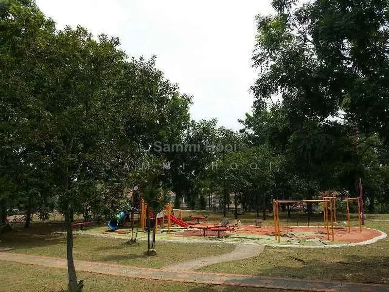 Exterior type: landscape garden; features: playground equipment, slide, swing set, benches, manicured lawn, mature trees, walking path, open space; style: modern.
