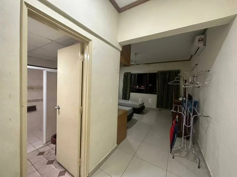 Room features: white painted walls, tile flooring, ceiling fan, window with curtains, built-in wardrobe, door leading to bathroom, air conditioning unit, corner desk, clothes rack; view: city.