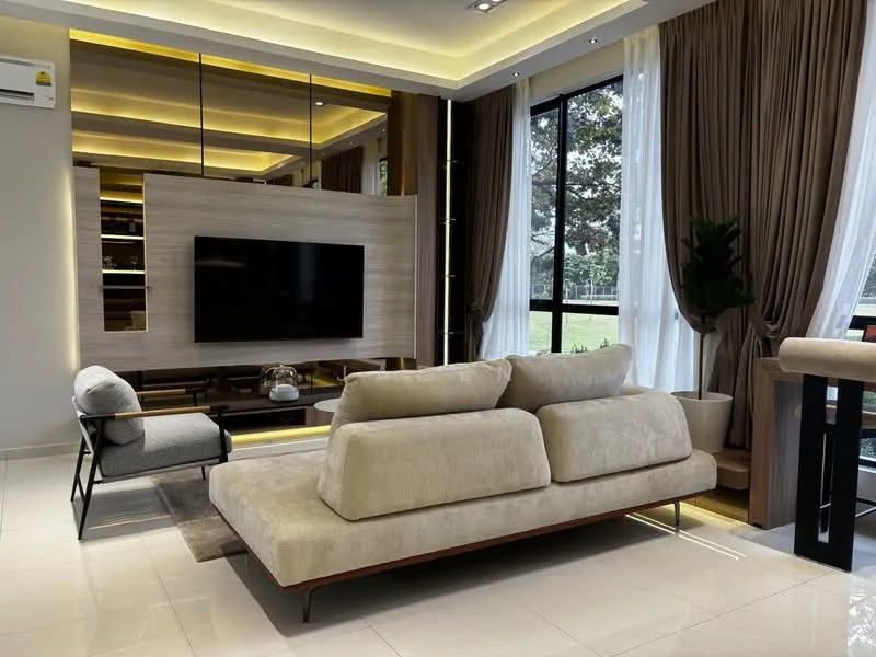 Living features: 3-seater fabric sofa in beige, accent chair with black frame, wall-mounted TV, wooden TV console, recessed LED downlights, floor-to-ceiling windows, sheer curtains, dark wood paneling, light-colored tile flooring, decorative plant, area rug, built-in shelving; style: modern; view: garden.