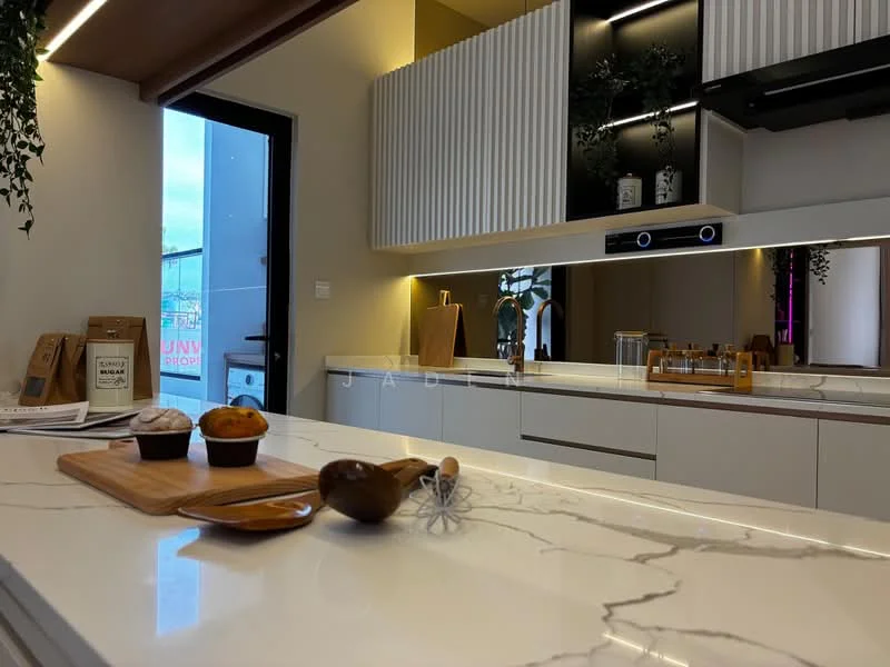 Kitchen features: white cabinetry with vertical slats, marble countertop with grey veining, stainless-steel sink, chrome pull-down faucet, built-in oven, induction cooktop, recessed LED downlights, open shelving, decorative plants, wooden cutting board, baking items on countertop, modern kitchen design; style: modern.