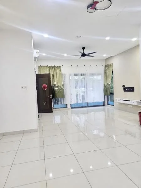 Living features: white painted walls, glossy ceramic tile flooring, recessed downlights, 5-blade ceiling fan with light, floor-to-ceiling windows, sheer curtains, sliding glass door, wall-mounted TV console, decorative wall panel, fire extinguisher, open layout; style: modern; view: garden.