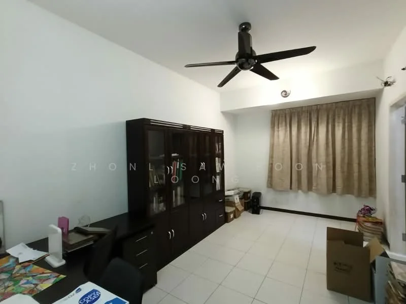 Study features: white painted walls, tiled flooring, 5-blade ceiling fan, curtains, black wooden cabinet with glass doors, desk, stack of boxes, papers on desk; style: modern.