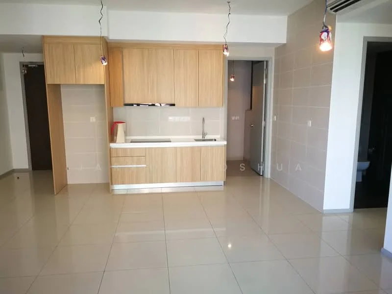 Kitchen features: light wood cabinetry, white countertop, stainless-steel sink, chrome pull-down faucet, built-in oven, ceramic tile flooring, recessed downlights, 2 pendant lights, open layout, wall-mounted split AC; style: modern. Room features: grey tiled walls, doorway leading to hallway, open space layout.