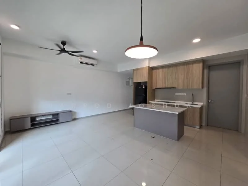 Living features: 5-blade ceiling fan with light, recessed LED downlights, white painted walls, cream tiled flooring, kitchen island with countertop, built-in cabinetry in wood finish, black fridge, open layout, TV console, air conditioning unit; style: modern.