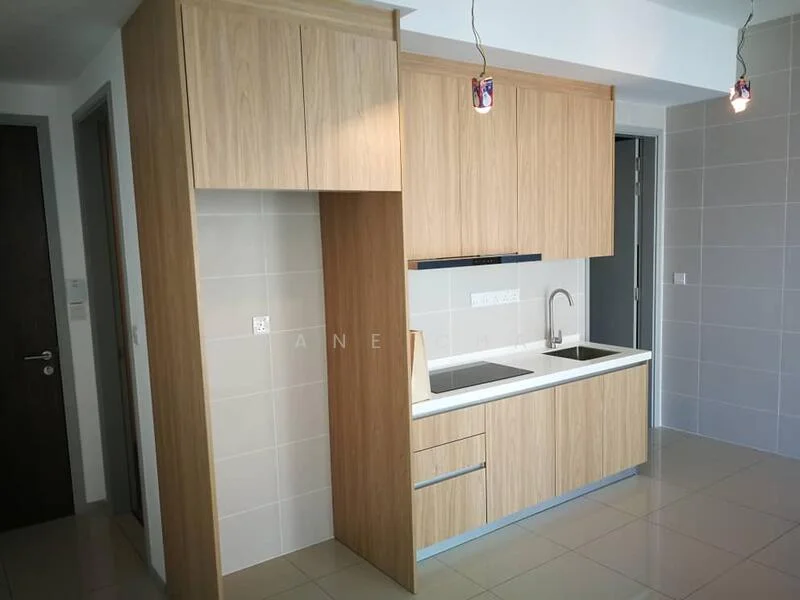 Kitchen features: light wood cabinetry, white countertop, single-bowl stainless-steel sink, chrome pull-down faucet, built-in stove, wall-mounted oven, grey tiled backsplash, recessed downlights, pendant lighting, ceramic tile flooring, neutral wall tiles; style: modern.