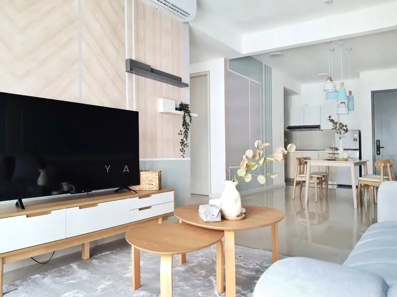 Living features: grey fabric sofa, round wooden coffee table, 2 round coffee tables, TV console with storage, black flat-screen TV, decorative vase on coffee table, light grey area rug, wall-mounted shelf, wall with wood paneling, air conditioning unit, pendant lighting, open layout to dining area and kitchen; style: modern. Dining features: 4 wooden dining chairs, round dining table, light fixtures above dining table, open layout to living area, kitchen visible in background; style: modern. Kitchen features: kitchen cabinets, countertop, stainless-steel appliances, open layout to dining area, back wall with cabinetry; style: modern.