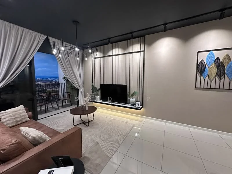 Living features: 3-seater fabric sofa in beige, round coffee table, wall-mounted TV, feature wall with decorative paneling, recessed lighting, floor-to-ceiling windows, sheer curtains, tile flooring, decorative artwork with leaves, area rug with geometric pattern; style: modern; view: city.
