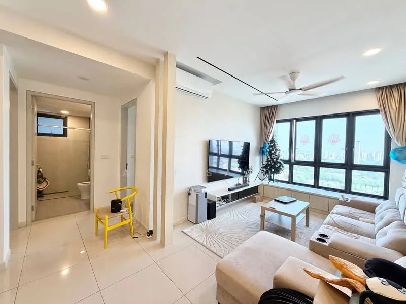 Living features: L-shape sectional sofa in light beige, coffee table, wall-mounted TV, TV console, area rug with geometric pattern, 5-blade ceiling fan with light, floor-to-ceiling windows, curtains, decorative houseplants, wall art, tile flooring, air conditioning unit; style: modern; view: city. Room features: white painted walls, tile flooring, doorway to bathroom, window.