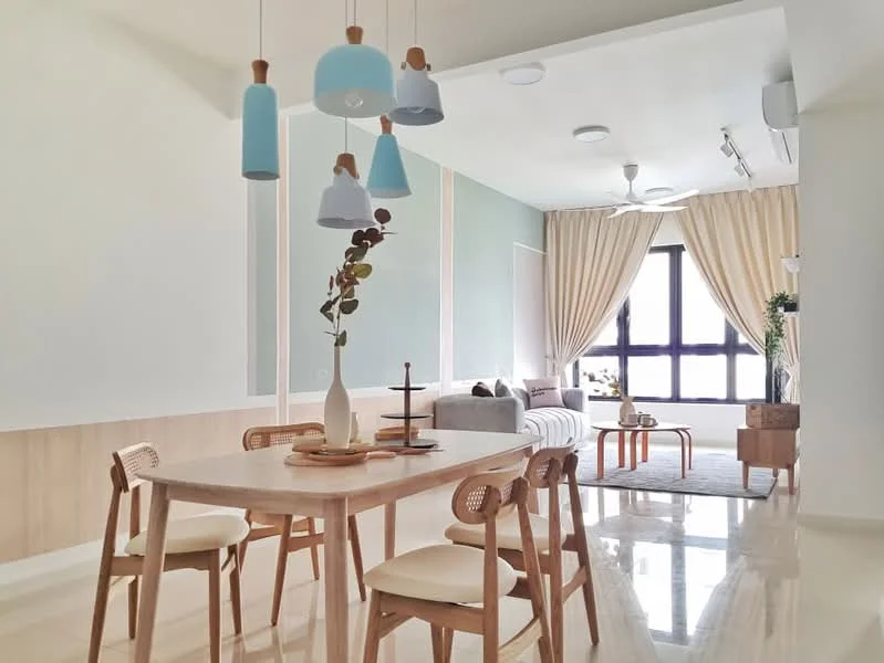 Dining features: light wood dining table, 4 wooden dining chairs with upholstered seats, blue pendant lights, decorative vase with plant, neutral wall colour, cream curtains, polished tile flooring, wall paneling in light wood; style: modern. Living features: sofa with cushions, area rug, coffee table, floor-to-ceiling windows, light wall colour, ceiling fan, recessed lighting; style: modern.