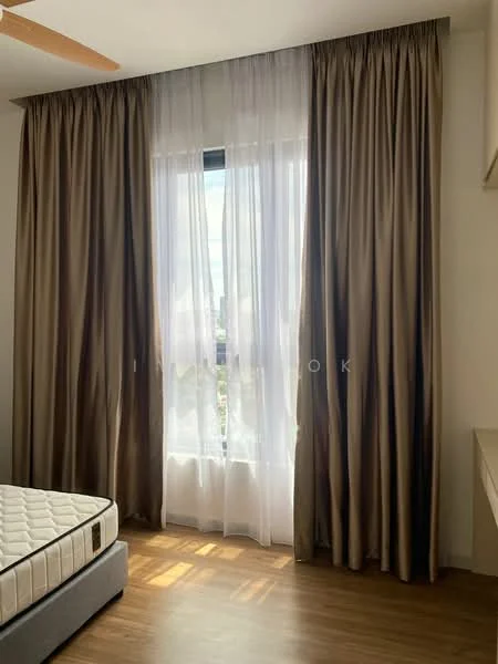 Room features: floor-to-ceiling window, sheer curtains, heavy drapes, wooden flooring, queen-size mattress, wall-mounted shelf, neutral wall colour, ceiling fan; style: modern; view: city.