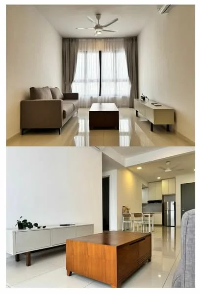 Living features: 3-seater fabric sofa in beige, coffee table in wood, TV console in white, floor-to-ceiling windows, sheer curtains, recessed downlights, wall-mounted split AC, glossy tile flooring, decorative plant in ceramic pot, light-colored walls, ceiling fan with light; style: modern; view: city. Room features: open layout, dining table with chairs, kitchen area visible in background.