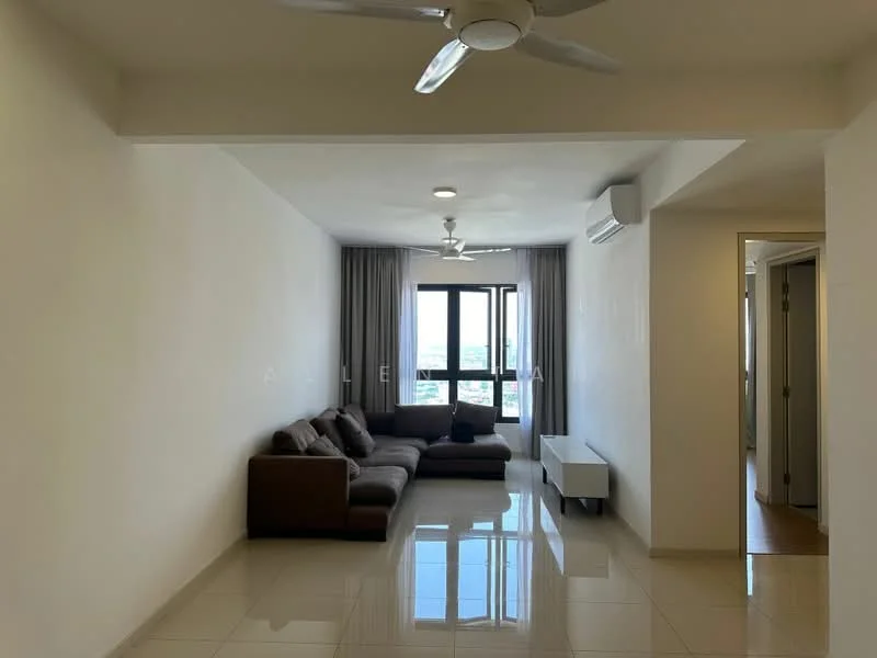 Living features: 3-seater fabric sofa in brown, coffee table, floor-to-ceiling windows, curtains, wall-mounted air conditioning unit, ceiling fan, glossy tile flooring, neutral painted walls, decorative wall art, light-colored side table; style: modern; view: city.