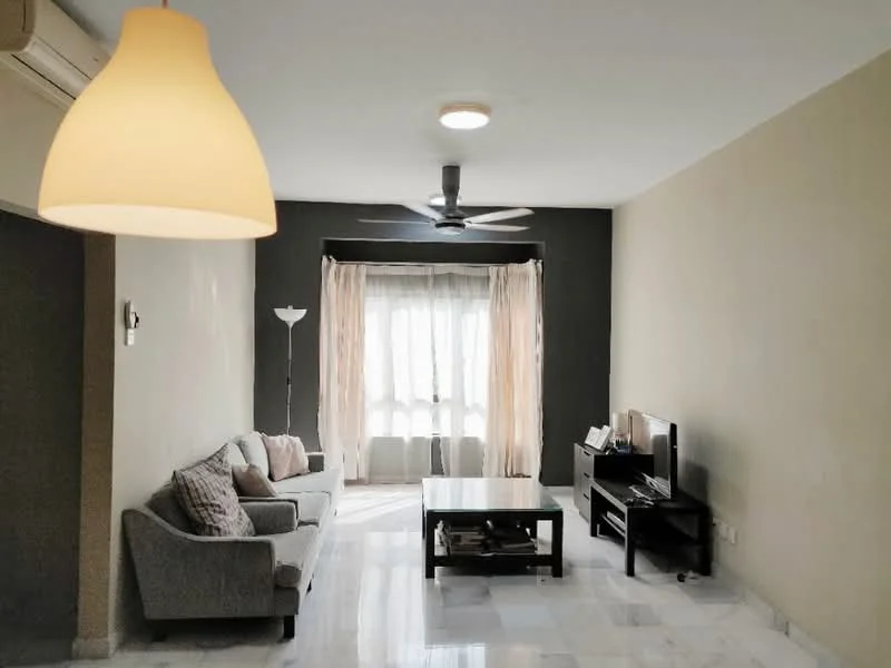 Living features: 3-seater fabric sofa in grey, coffee table, TV console, wall-mounted TV, area rug, floor-to-ceiling windows, sheer curtains, ceiling fan, pendant lamp, marble flooring, light grey accent wall, white painted walls; style: modern.