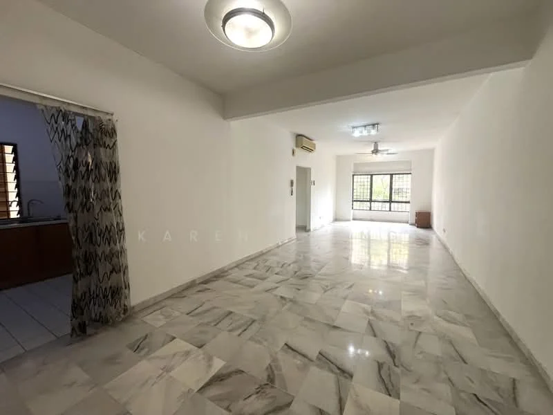 Room features: white painted walls, marble flooring, recessed downlights, ceiling fan, large windows, air conditioning unit, open layout, natural light; style: modern.
