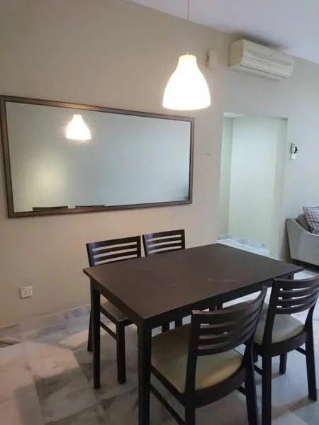 Dining features: dark wooden dining table, 4 dining chairs with upholstered seats, pendant light fixture, large framed mirror on wall, marble flooring, wall-mounted air conditioning unit, neutral painted walls; style: modern.