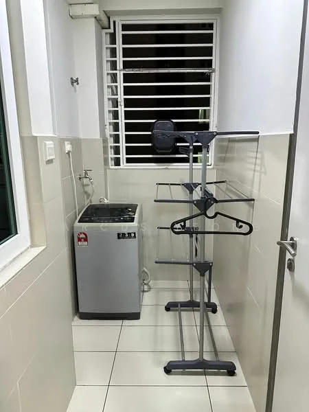 Laundry features: front-load washing machine, metal drying rack, white tiled flooring, white painted walls, window with horizontal bars, sink with faucet, space for hanging clothes, light fixture on ceiling.