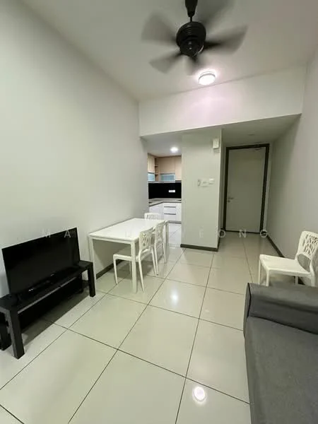 Living features: grey fabric sofa, black TV console, wall-mounted TV, white dining table, 4 white plastic dining chairs, ceiling fan, recessed lighting, glossy tile flooring, white painted walls, open layout to kitchen; style: modern.