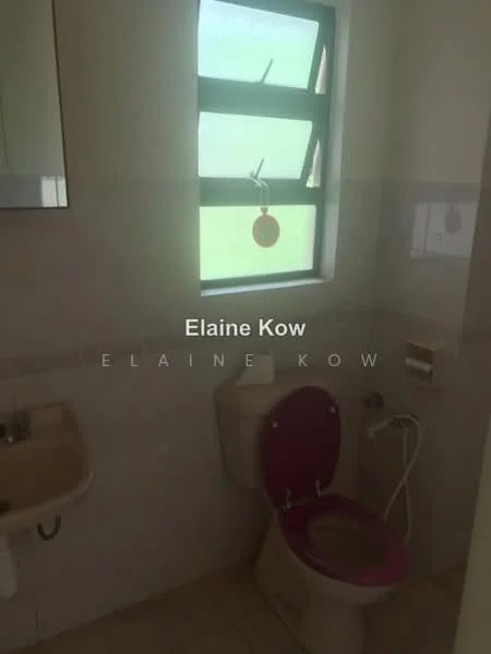 Bathroom features: white painted walls, cream tiled flooring, single-sink vanity with mirror, one-piece toilet, bidet spray, window with green view, toilet paper holder, hand towel rack; view: garden.