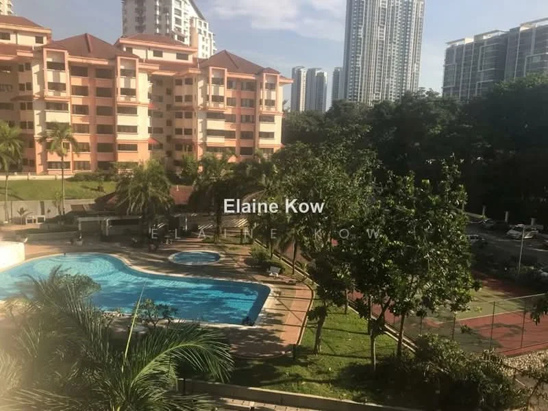Exterior type: low-rise apartment block; features: swimming pool with curved shape, landscaped garden with palm trees, manicured lawn, tennis court, surrounding high-rise buildings, paved walkway, outdoor seating area; style: modern.