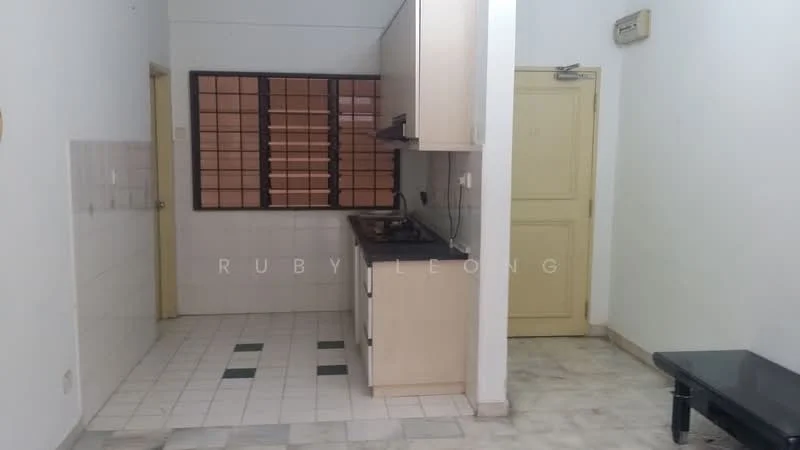 Kitchen features: white painted walls, grey tiled flooring, black granite countertop, wooden cabinetry, single-bowl stainless-steel sink, built-in stove, window with grid pattern, door leading to hallway.
