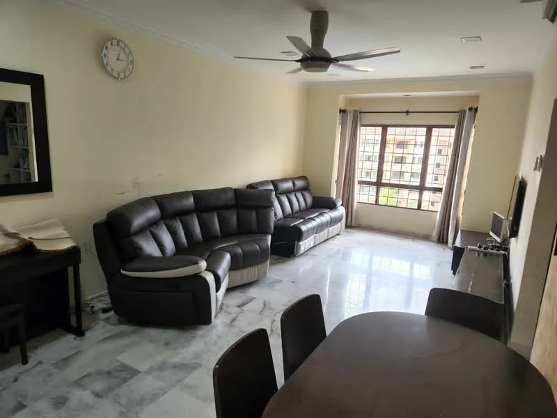 Living features: 3-seater leather sofa in black, 2-seater leather sofa in black, marble flooring, ceiling fan, wall-mounted clock, large window with curtains, TV console, dining table with chairs, neutral painted walls; style: modern.